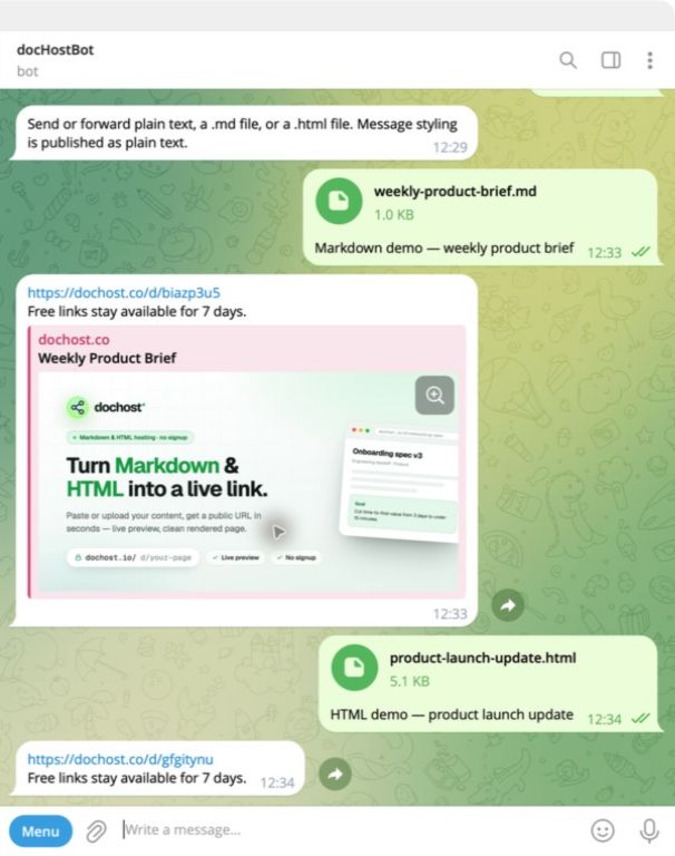 Real @dochost_bot conversation showing Markdown and HTML files published as links